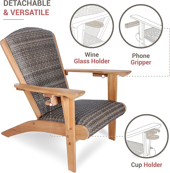 Cambridge Casual Auburn Teak Wood Padded Woven Seat Patio Lounge Conversation Set, Adirondack Chair + Ottoman