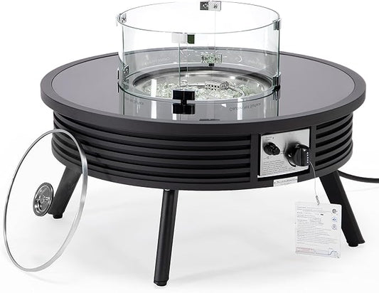 LeisureMod Walbrooke Modern Outdoor Round Fire Pit Table with Powder-Coated Aluminum Frame and Slats Design for Patio and Backyard Garden, Black