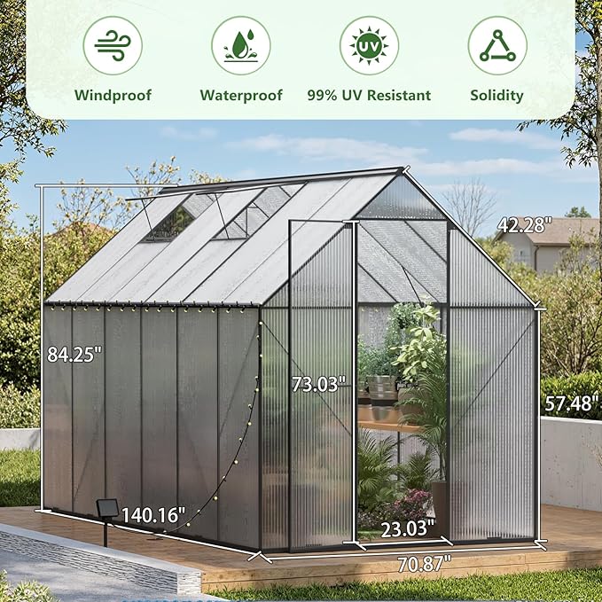 6X12 FT Greenhouse for Outdoors, Heavy Duty Polycarbonate Greenhouses, Large Walk-in Greenhouse with Roof Vent, Aluminum Hot House for Garden & Backyard