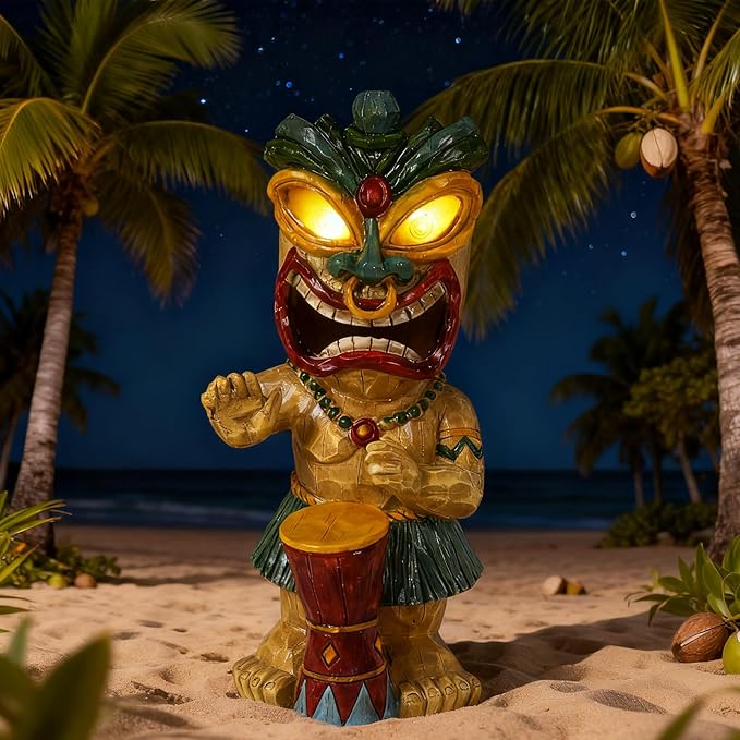halp·ssfm Solar Tiki Garden Statue with LED Eyes Outdoor Polynesian Drummer Hawaiian Party Decor Solar Light Ornament for Patio Porch Lawn Tiki Bar or Tiki Lover Funny Stocking Stuffers Gifts
