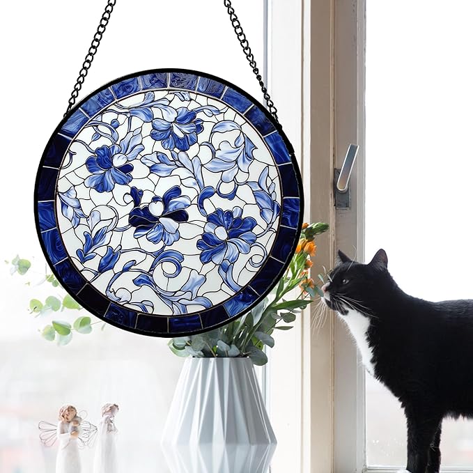 AMDERVEN Stained Glass Window Hanging, Blue and White Abstract Flowers Sun Catcher for Door Home Decor Suncatcher Christmas Mother's Day Birthday Gifts for Women Men Mom and Nana 11.8 in