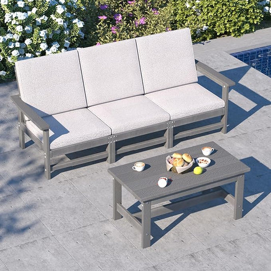 4-Piece HDPE Patio Furniture Set, All-Weather Outdoor Sectional Sofa Set with Coffee Table & Cushions - Wood-Like Composite Conversation Couch for Deck, Lawn, Balcony - Grey Frame