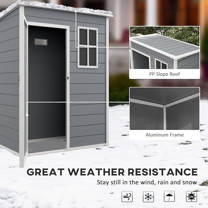 Outsunny 5' x 3' Outdoor Storage Shed, Plastic Shed with Vent, Window and Double Lockable Doors, Utility Resin Shed for Patio, Backyard, Lawn, Garage, Gray