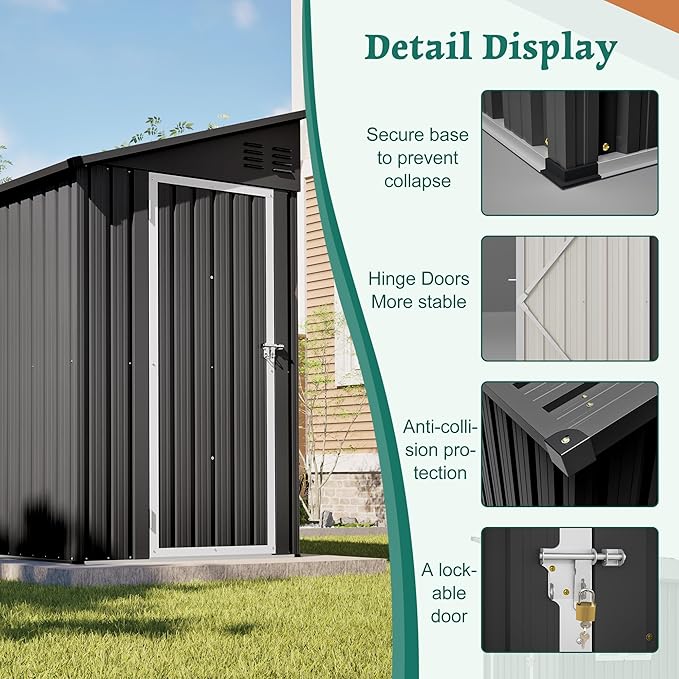 4×8 FT Lean to Metal Shed,Outdoor Heavy-Duty Storage Shed with Floor Base,All Weather Waterproof Garden Tool House W/Lockable Door&2 Air Vent,Reversible Door Design,for Backyard,Patio,Lawn,Black