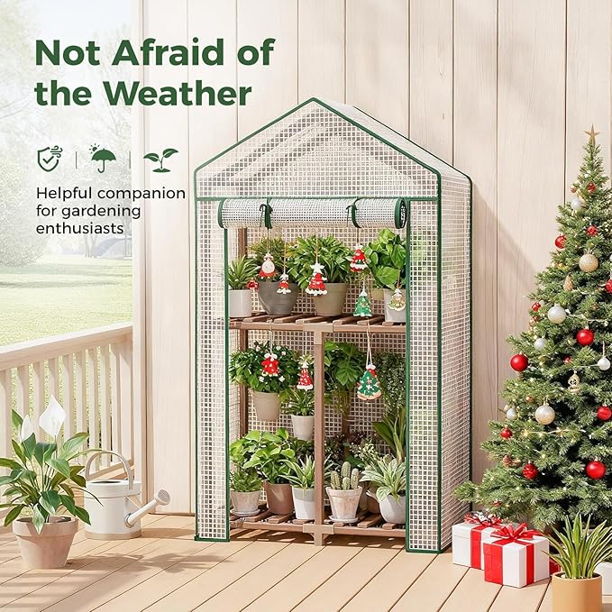 Bamworld Mini Greenhouse Indoor Outdoor 2-Tierd Reusable Portable Warm House with PE Cover Compact Garden and Backyards Portable Rack with Sturdy Eucalyptus Frame Winter-Proof for Plant Protection