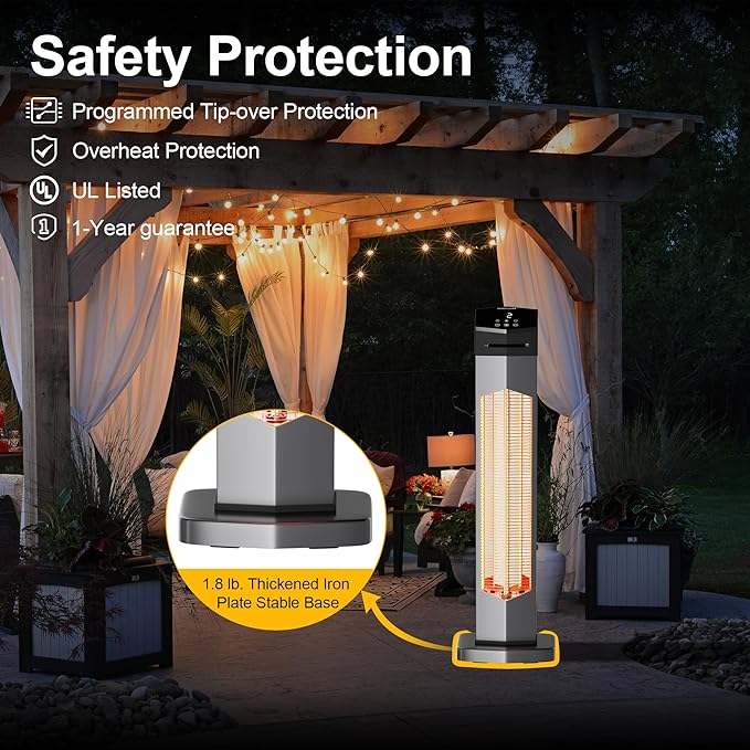Outdoor Heaters for Patio,1500W Electric Infrared Radiant Heater with Remote,37IN Portable Tower Space Heater with 12H Timer,Tip-over Protection for Garage,Backyard,Porch,Indoor,Grey
