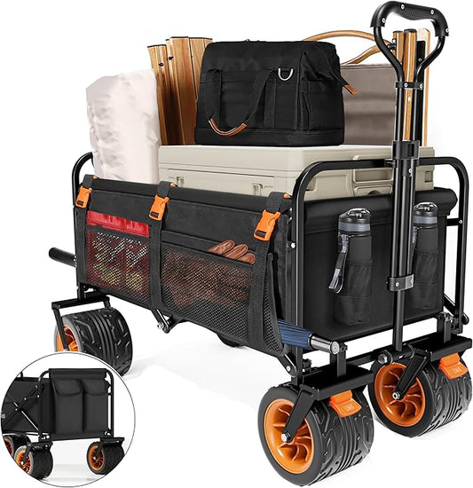 Highpro Heavy-Duty Folding Beach Cart with Extra Large 150L Capacity, 360° Locking Brakes, Waterproof Fabric, and 6 Storage Pockets – Holds Up to 320 lbs for Camping, Beach, and Outdoor Use