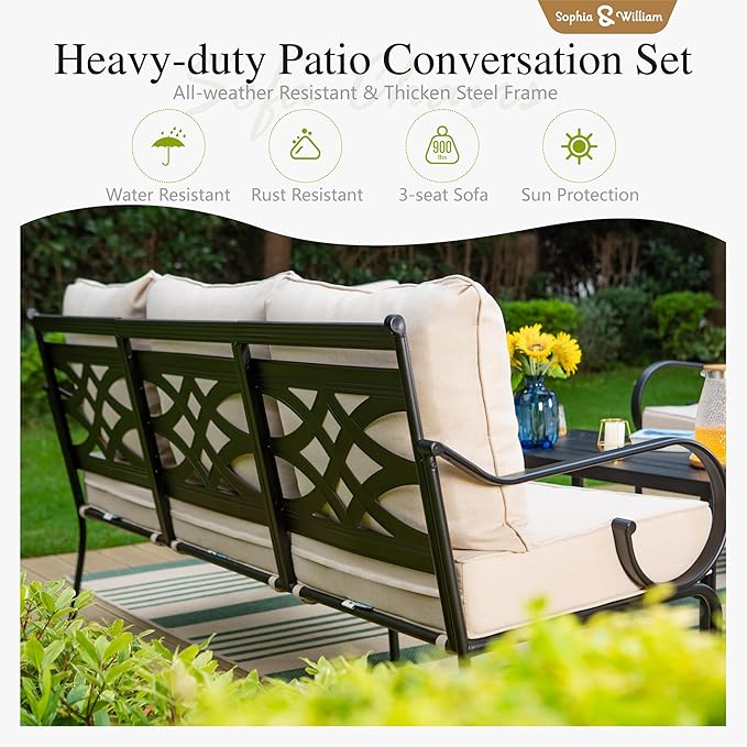 Sophia & William 6 Piece Patio Furniture Set with Fire Pit, Outdoor Conversation Sets 7 Seat Clearance with 45" Gas Fire Pit Table x 1, 3-seat Sofa x 1, Rocking Chair x 2,Cushioned Chair x 2, Beige