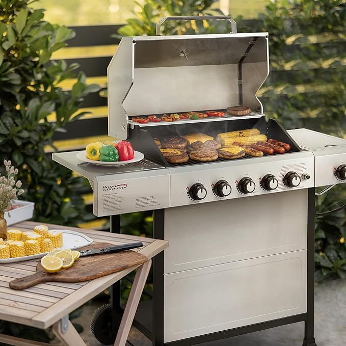 Royal Gourmet GA5401T 5 Burner Propane Gas Grill with Side Burner and Sear Burner, Stainless Steel Gas BBQ Grill with 61,000 BTUs Output for Barbecue Grilling & Backyard Cooking, Silver