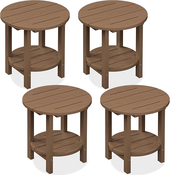 SERWALL Round Outdoor Side Table Set of 4, HDPE Small Adirondack Double End Table, Brown