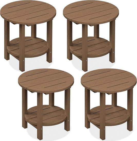 SERWALL Round Outdoor Side Table Set of 4, HDPE Small Adirondack Double End Table, Brown