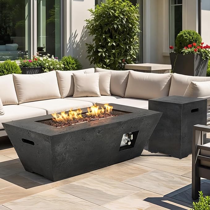 ECOTOUGE 2-Piece Propane Fire Pit Table, Outdoor Gas Fire Pit Set w/Tank Cover, 42''Auto-Ignition Steel Fire Table, 50,000 BTU Trapezoid Concrete Fire Pit w/Weather-Resistant Pit Cover, Black