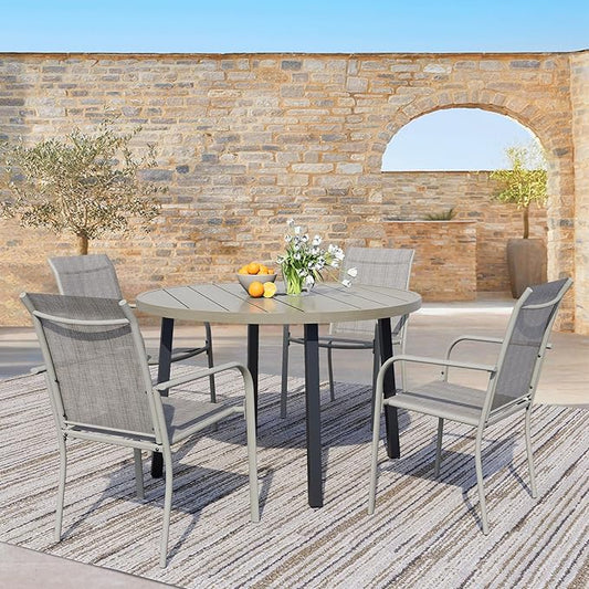 5 Pieces Patio Dining Set for 4, Grey Patio Stackable Chairs and Honey Oak Round Table Set of 4, Outdoor Furniture Set with Sling Support for Outside, Garden