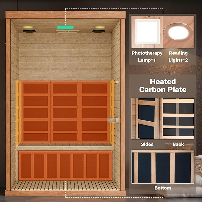 Polar Aurora 2- Person Infrared Sauna, Remotely Controllable Indoor Sauna, Low EMF 1500W/120V LCD Heater, WiFi & BT Control, 9-Color Light Therapy, Safe Flame-Retardant Material, Wood
