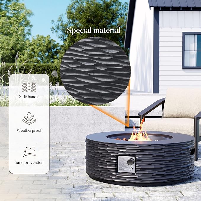 Cosiest Propane Fire Pit for Outside, 35 in Round Gas Fire Pits for Outdoor Patio, Certified, 50000 BTU Concrete Rectangle Base with Rain Cover, Free Lava Rocks