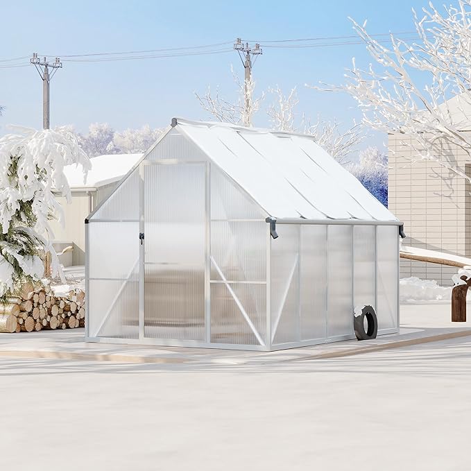 Polycarbonate Greenhouse for Outdoors, Large Walk-InGreenhouse with Quick Setup Structure and Roof Vent, Greenhouse with Ventilation