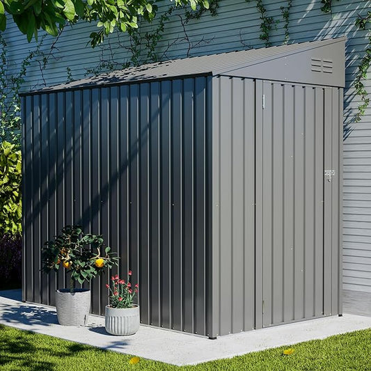 4x7 FT Outdoor Storage Shed Lean to Shed,Metal Shed W/Lockable Door & Air Vent,All Weather Waterproof Garden Tool House W/Reversible Installation,for Backyard,Patio,Lawn,Dark Gray