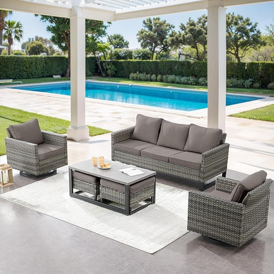 6 Piece Wicker Patio Furniture Set - Outdoor Swivel Rocker Chairs Set with Coffee Table, 3 Seat Sofa & Ottomans, Small Patio Conversation Sets Proch Furniture for Balcony Deck - Grey/Grey