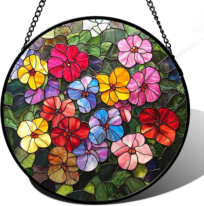 QZQCBLC Stained Glass Window Hanging Colorful Flower Wildflowers 7.8" - Suncatcher Door Garden Sun Catcher Home Decor Birthday Christmas for Mom Lover Woman Nana Friend Wife