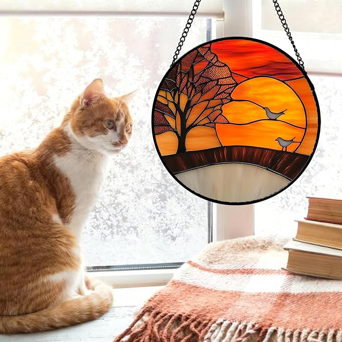 QZQCBLC Stained Glass Window Hanging Orange Sunset Landscape 6.3" - Maple Suncatcher Door Garden Sun Catcher Home Decor Birthday Christmas for Mom Men Woman Wife Friend