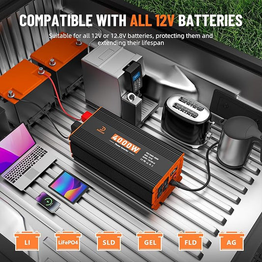 4000W Power Inverter 12V DC to 110V/120V AC Converter for RV/Truck/Boat/Camping/Off-Grid Solar Car Power Inverter Peak Power 8000W with 4 AC Outlets,USB & Type-C Port, Remote Controller & LCD Screen