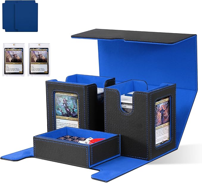 ZLCA Card Deck Box with Commander window Display, MTG Deck Box with Dice Tray Holds 200+ Double-Sleered Cards,Card Storage Case fit for YuGiOh,MTG,Sport (Black&Blue)