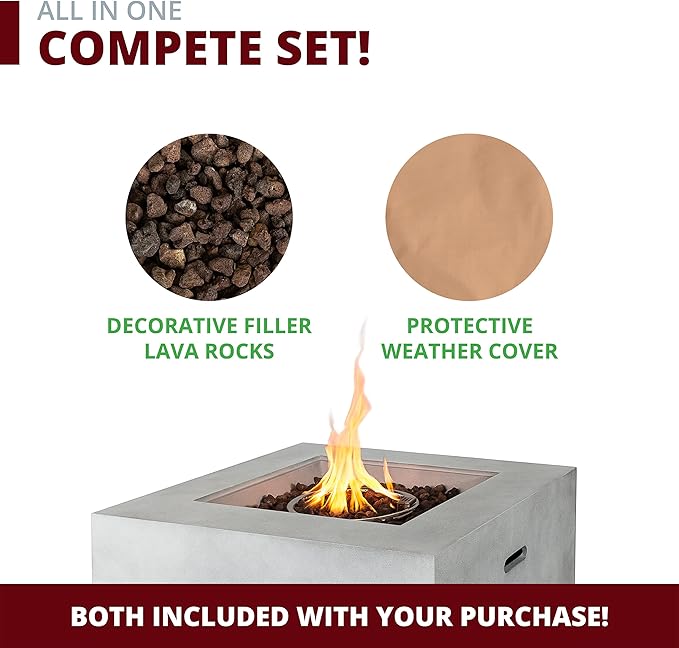 Kinger Home 32-Inch 3-Piece Outdoor Propane Smokeless Concrete Fire Pit Set for Patio, 50,000 BTU CSA Certified, Square, Red Cushion