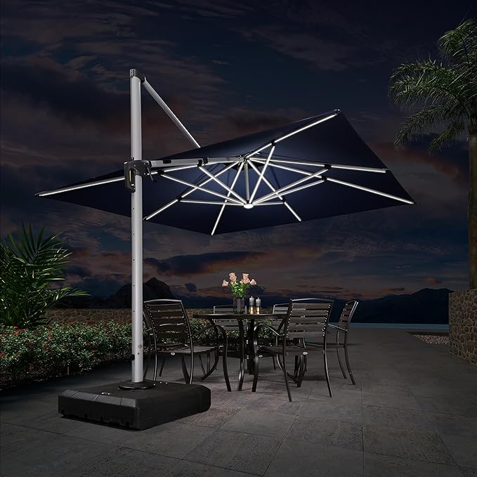 PURPLE LEAF 11 Feet Solar Powered LED Square Cantilever Umbrella With Base Patio Umbrellas Windproof Hanging Umbrella Outdoor Offset Umbrellas, Navy Blue