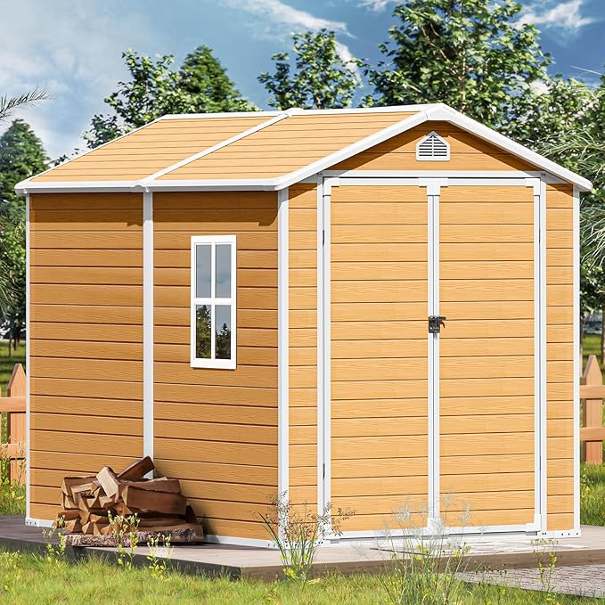 8X6 FT Resin Outdoor Storage Shed with Floor,Water Drainge Roof Plastic Sheds with Windows and Lockable Doors,Thickened Panel All-Weather Resistant Tool Storage Shed for Garden Backyard Patio, Brown