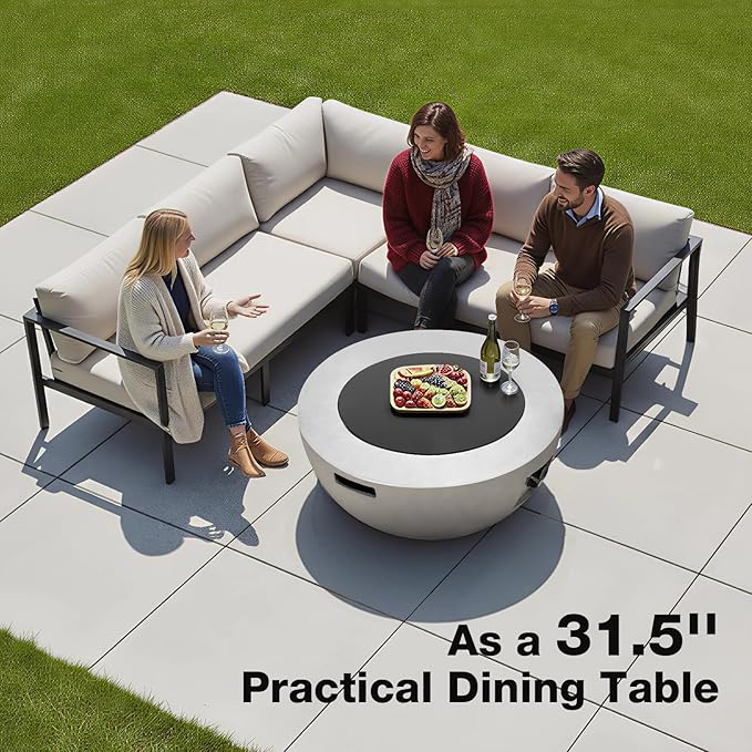 31.5 Inch Round Propane Fire Pit Table - Concrete Round Fire Bowl 50,000 BTU Gas FirePit Burner with Steel Lid, Lava Rocks, Rain Cover for Outside Patio, Backyard, Party