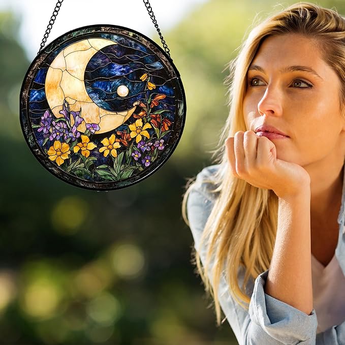 JOSUMALY Stained Glass Window Hanging - Blue Night Sky Moon Suncatcher for Door Terrace Garden Home Decor Wildflowers Sun Catcher Birthday Gifts for Lovers Women Men Dad Mom Nana 7.8 in
