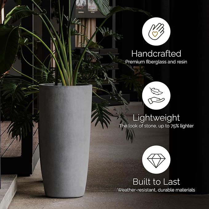 Lofto Tall Planter – Brown Stone Finish – Fiberglass Indoor/Outdoor and Weather-Resistant Large Planter (16.5" D x 36.4" H Exterior, 15.3" D x 36.2" H Interior)