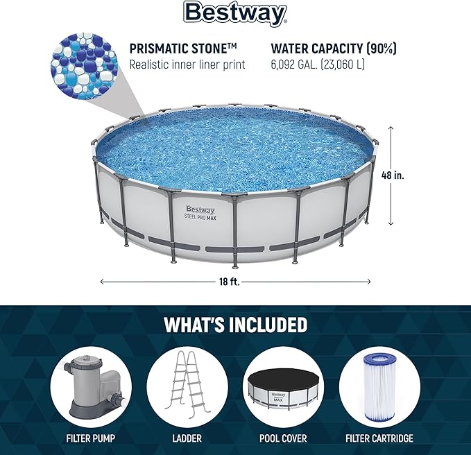 Bestway Steel Pro MAX 18 Foot x 48 Inch Round Metal Frame Above Ground Outdoor Swimming Pool Set with 1,000 Filter Pump, Ladder, and Cover