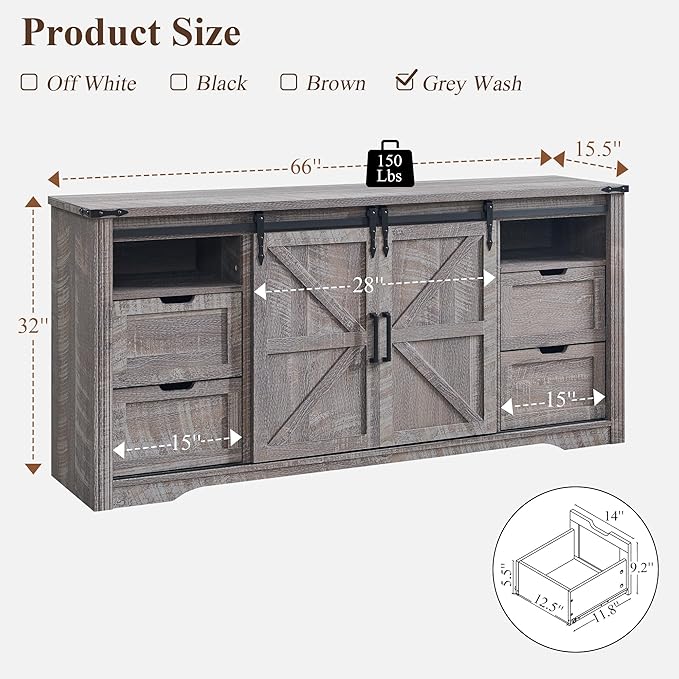 LINGMU Farmhouse TV Stand for 75 80 Inch TV, 32" Tall Entertainment Center w/4 Drawers & Sliding Barn Door, Rustic Media Console w/Storage Shelves, 66" Wood Television Stand for Living Room, Grey