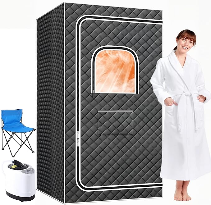 Portable Sauna Box for Home, Personal SPA Steam Sauna with 10 Min Fast Heating，Warm Sauna Tent with 3L/1200W Steamer, 9 Levels, Steam Sauna Tent with 600D, Easy Setup Foldable Sauna for Home Spa（Grey）