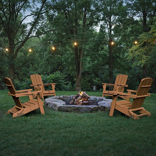 Folding Adirondack Chair 4 Pack, HDPE All-Weather Fire Pit Chairs, Plastic Adirondack Chairs with 2 Cup Holder, Outdoor Lawn Chair for Patio Garden (Teak)