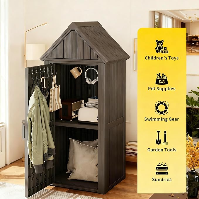Outdoor Storage Shed with Removable Shelves, Waterproof Resin Outdoor Storage Cabinet for Small Patio, Balcony, Backyard, Vertical Storage Shed with 12 Hooks for Garden Tools, Grilling Supplies, Gray