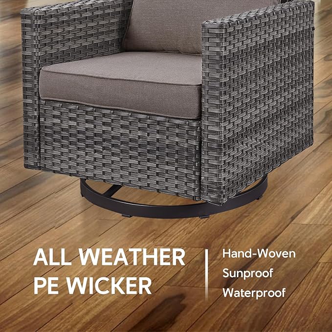 7 Piece Wicker Patio Furniture Set - Outdoor Swivel Rocker Chairs Set with Coffee Table, Side Table, 3 Seat Sofa & Ottomans, Small Patio Conversation Sets for Balcony Deck - Grey/Grey