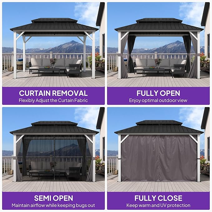 PURPLE LEAF 8' X 12' Hardtop Gazebo Metal Double Roof White Aluminum Frame Outdoor Heavy Duty Gazebo with Curtain and Netting for Patio Garden and Backyard, Grey