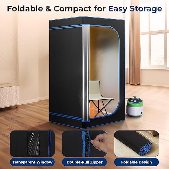 SereneLife Portable Sauna Box for Home, Steam Sauna Tent with Extra Large 4L Steamer - Includes Folding Sauna Chair, Remote Control w/ 9 Heat Levels for in-Home Spa - 2.9' x 2.9' x 5.9'