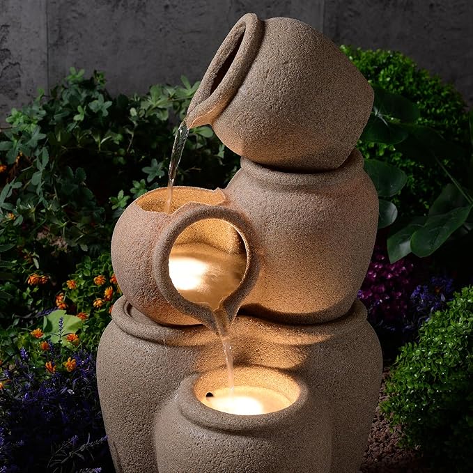 Puulye 29.53" H Outdoor Water Fountain Made with Eco-Friendly Recyclable Materials, Polyethylene Cascading Waterfall Outdoor Fountain, Garden Decor with LED Light & Pump for Patio, Backyard