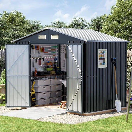 6x8FT Outdoor Metal Storage Shed, Double Door, 1 Clear Window, Tool Shed for Garden, Patio, Backyard Nightblue