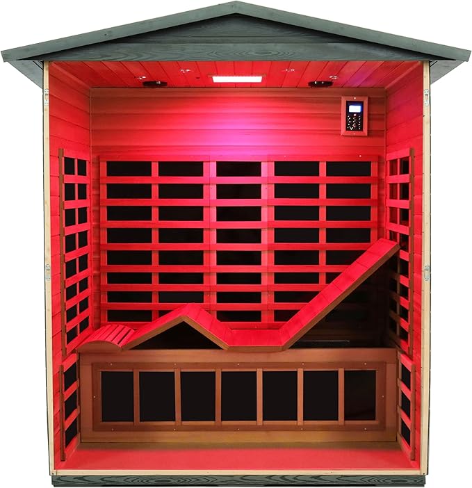 LTCCDSS Full Spectrum Outdoor Infrared Sauna 3-Person, Carbonized Composite Wood Low EMF Saunas for Home - Near&Mid-IR Light, Bluetooth Speakers, Chromotherapy Therapy Lights (81.1 * 45 * 83.5 inch)