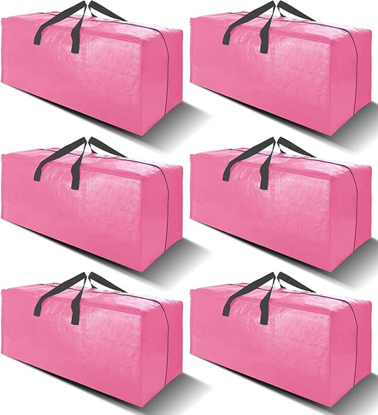 6 Pack Heavy Duty Extra Large Moving Bags W/Backpack Straps - Strong Handles & Zippers, Storage Totes For Space Saving, Fold Flat, Alternative to Box and Bin (40 gal, Pink)