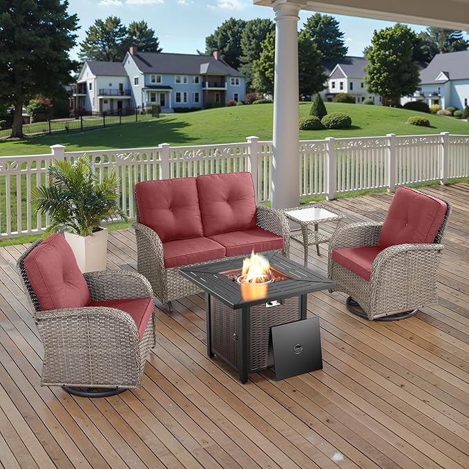 Belord 5 Piece Outdoor Patio Furniture Set with 50000 BTU Propane Fire Pit Table, Deep Seating Wicker Swivel Rocker Chairs and Loveseat Glider Patio Conversation Set for Poolside Deck Backyard