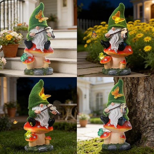 Ayadon Solar Gnome on Mushroom Stool Statue Decor, Gnome Figurines with Ambiance LED Light for Garden Decorations for Patio Lawn Balcony Fairy Gardens, Housewarming Gifts for Women Mom Grandma