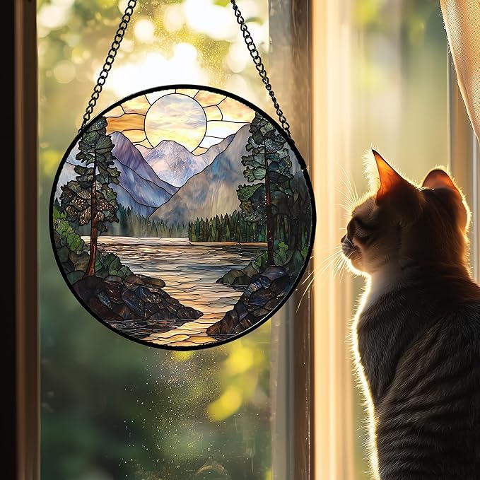 AMDERVEN Stained Glass Window Hanging, Sunset Mountains Lake Tree Sun Catcher for Window Home Decor Landscape Suncatcher Mother's Day Birthday Gifts for Women Men Mom and Nana 15 in