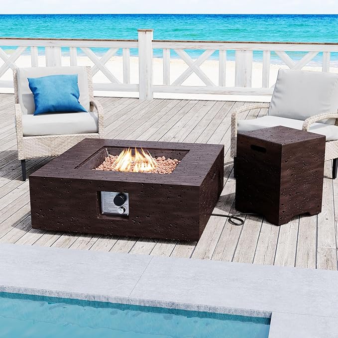 SUNBURY Outdoor Fire Pit, 35 in Square Propane Gas Patio Fire Table, 50000 BTU Firepit Table with Lava Rocks, Propane Tank Cover, Waterproof Cover (Dark Brown)