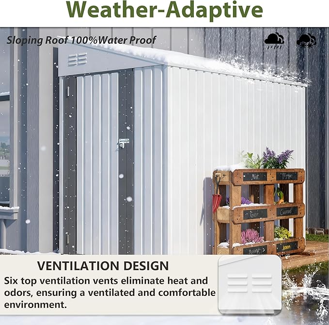 4x7 FT Metal Outdoor Storage Shed, Lean-to Garden Tool and Bike Shed with Lockable Door and Air Vents, Waterproof Sloped Roof Steel Utility Shed for Backyard, Patio, Lawn Equipment, White