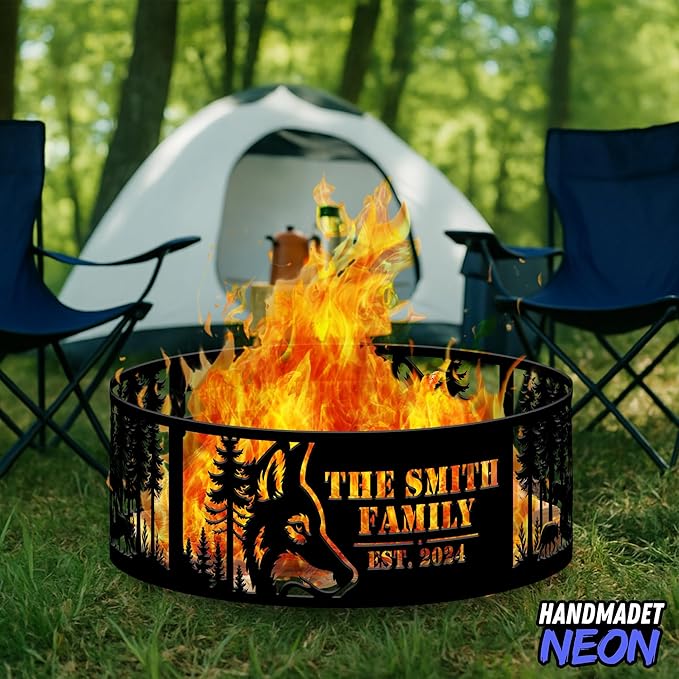 Personalized Fire Pit Ring 360 Degree, Outdoor Fireplace, Custom Text Fire Pits for Outside, Patio Firepit, Camping Bonfire Firepits, Garden BBQ Backyard Decor (Wolf)